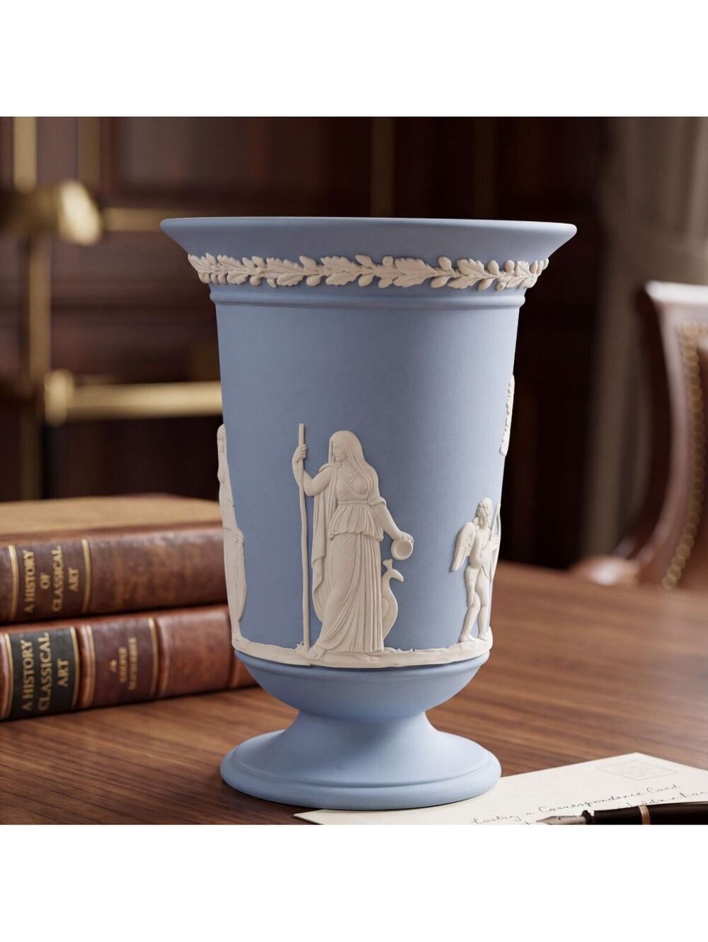 Vtg. Wedgwood Blue Jasperware Classical Relief Pedestal Vase Made in England 5.5